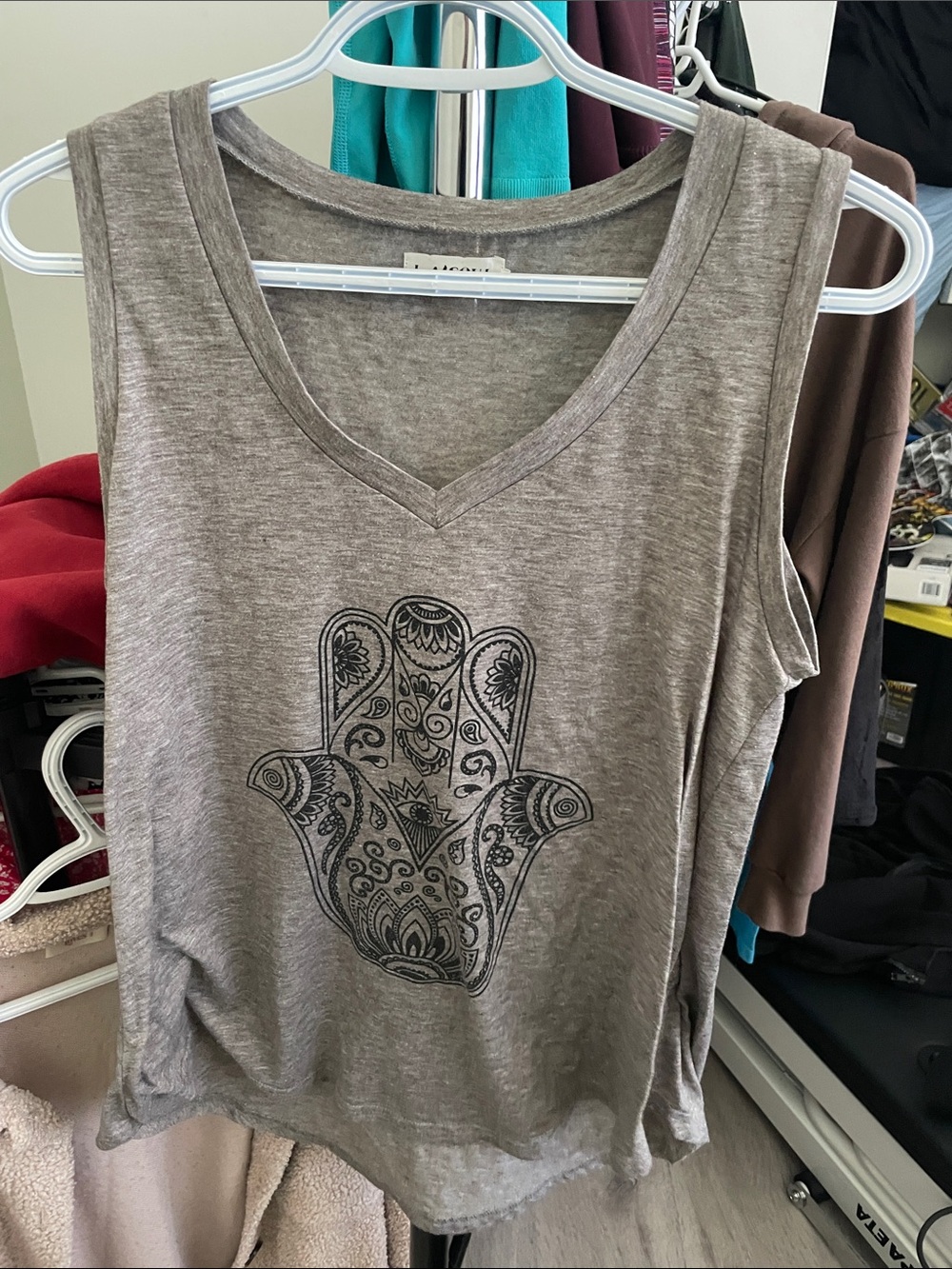 Women’s Gray Sleeveless V-Neck Tank with Hamsa Print
